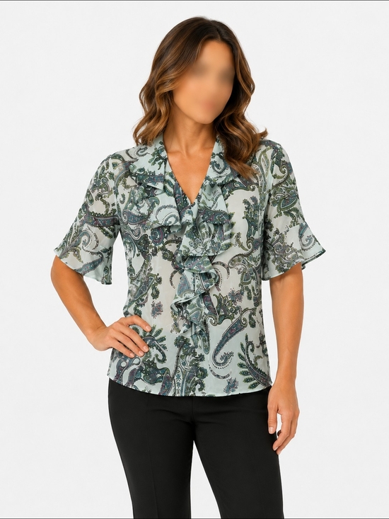 Suzy Shier Tops - 👕2 for 15$ Or 3 for 20$👕Suzy Shier Sage Paisley Ruffle V-Neck Blouse